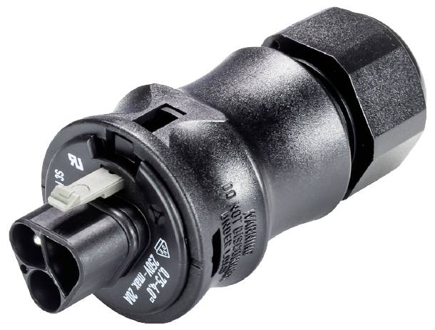 Connecteur en plastique noir avec deux prises et un mécanisme de verrouillage latéral, couramment utilisé dans les connexions électriques.
