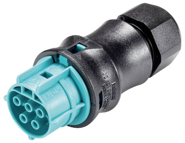 Un adaptateur électrique noir et turquoise avec plusieurs ports de connexion et une connexion à vis.