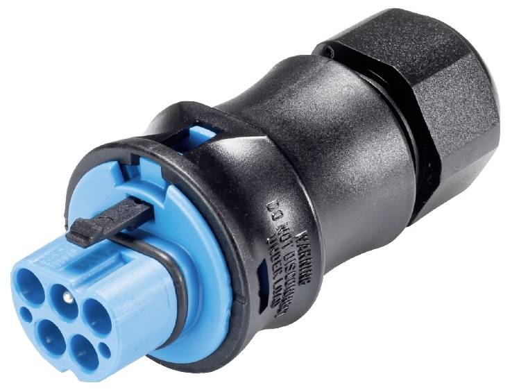 Un connecteur électrique noir et bleu avec une fiche multibroche ronde, adapté aux applications industrielles.