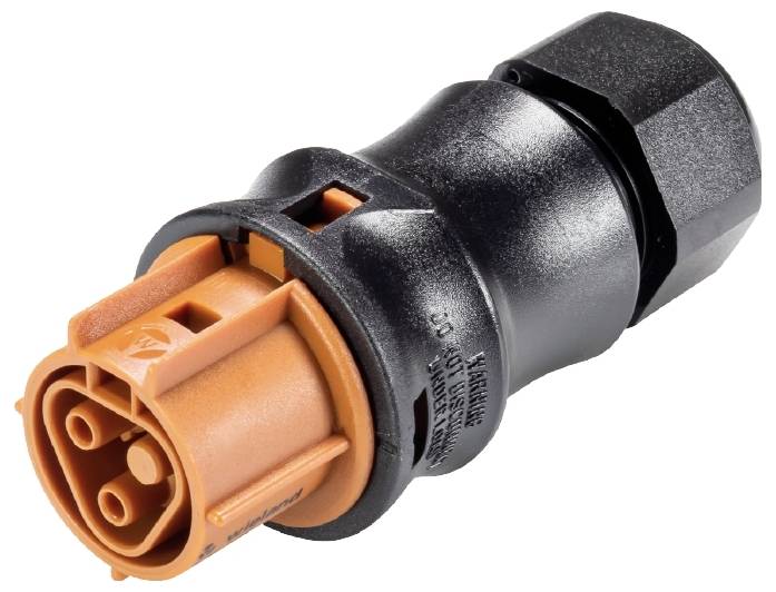 Un adaptateur noir et orange avec un mécanisme de verrouillage, couramment utilisé dans les connexions électriques.