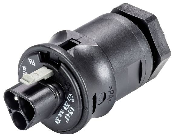 Un connecteur industriel noir avec différents ports et un mécanisme de verrouillage rotatif, sans marquage de marque visible.
