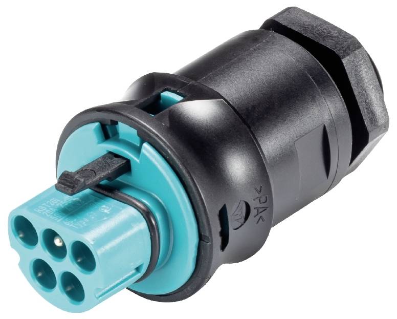 Un connecteur électrique rond noir avec un élément de connexion turquoise et plusieurs broches, destiné à des applications électroniques.
