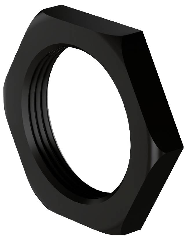 Un écrou hexagonal noir, vu de côté, montre le filetage intérieur.