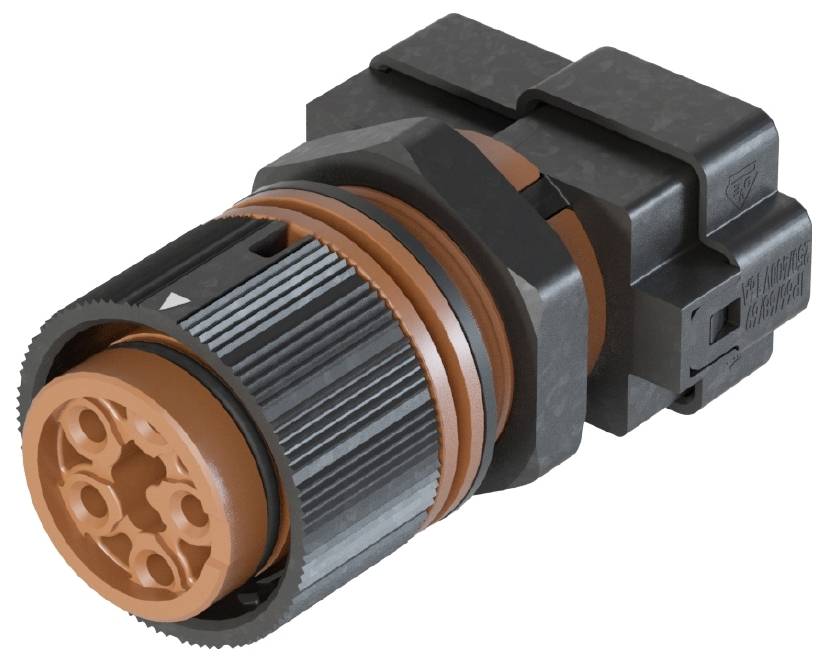 Une prise ronde noire et orange avec plusieurs connexions et un filetage à vis, utilisée dans les connexions électriques.