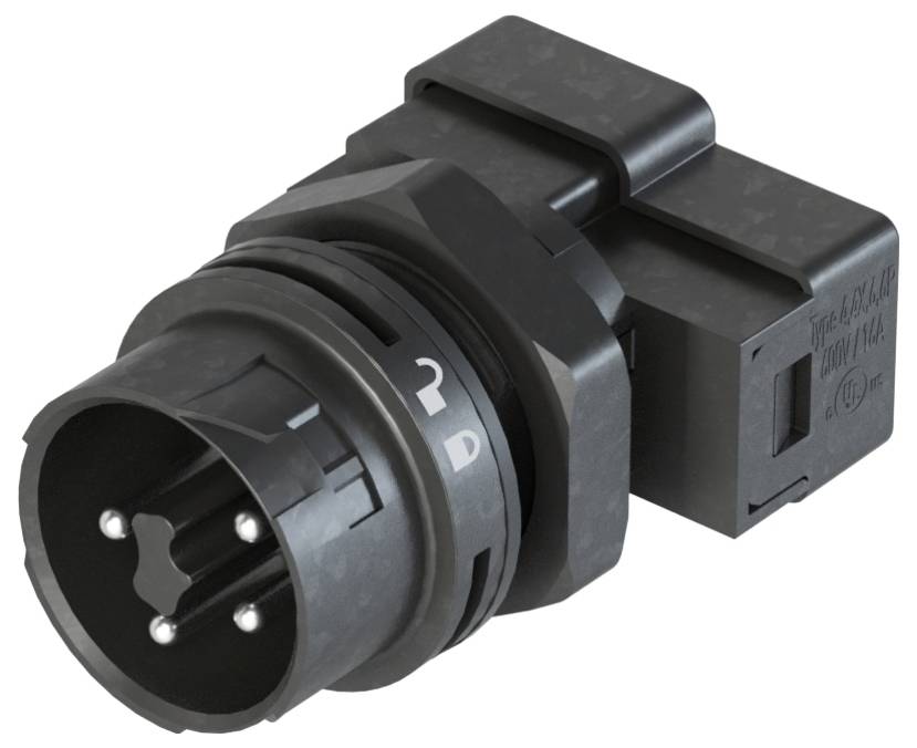 Un connecteur cylindrique noir avec trois broches métalliques. Anneau en plastique transparent avec deux marquages blancs.