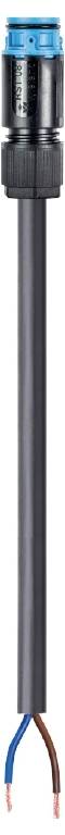 Câble noir et gris avec deux fils de cuivre dénudés, bleu et marron, connectés à une prise cylindrique bleue.
