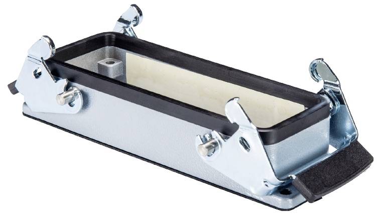 Boîtier métallique rectangulaire avec joints d'étanchéité noirs et fermetures latérales ; utilisé pour les connexions industrielles.