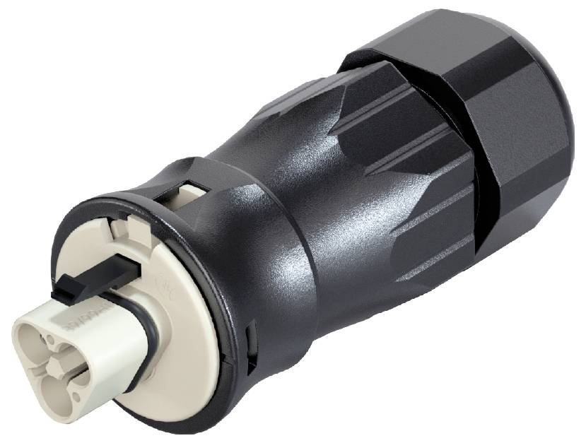 Adaptateur électrique en noir et beige. Design ovale avec des connexions enfichables à une extrémité.