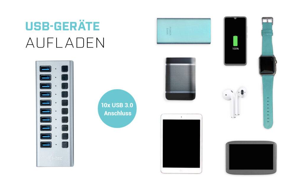 'Chargement d'appareils USB' présente un hub USB avec 10 ports et divers appareils électroniques, dont des tablettes, un smartphone et des écouteurs.