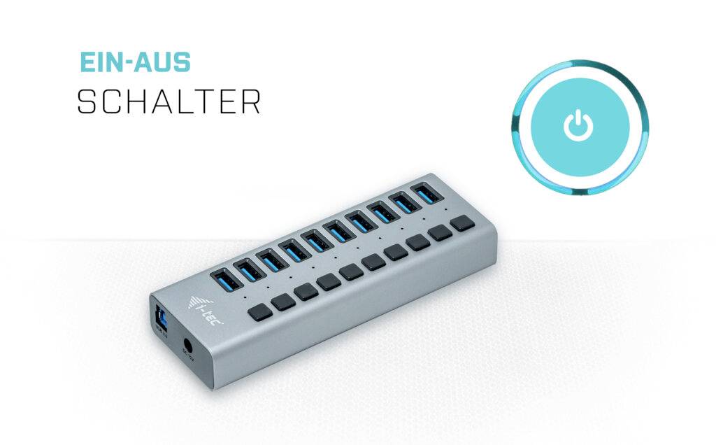 Hub USB à 10 ports avec interrupteur marche-arrêt, représenté à côté d'un symbole de puissance.