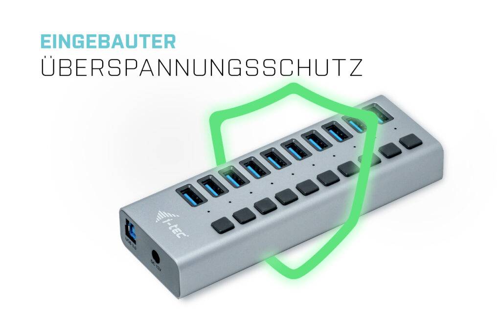 Un hub USB à huit ports avec protection contre les surtensions intégrée. Un bouclier vert symbolise la protection.