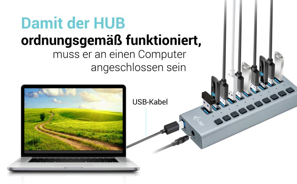 Un ordinateur portable est connecté à un hub USB via un câble USB. Le texte explique que le hub doit être correctement branché pour fonctionner.