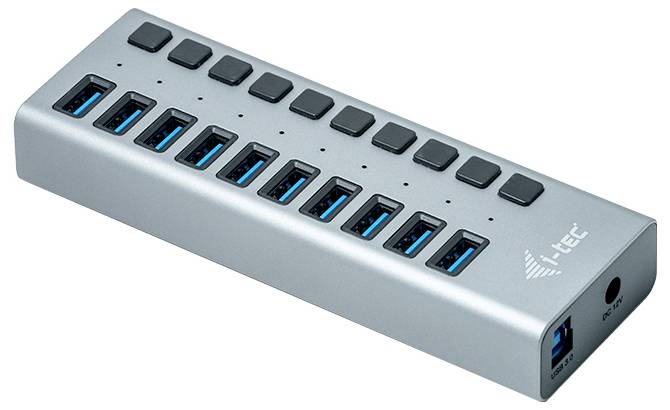 Hub USB avec douze ports USB et voyants LED, utilisé pour étendre les options de connexion des ordinateurs et des appareils.