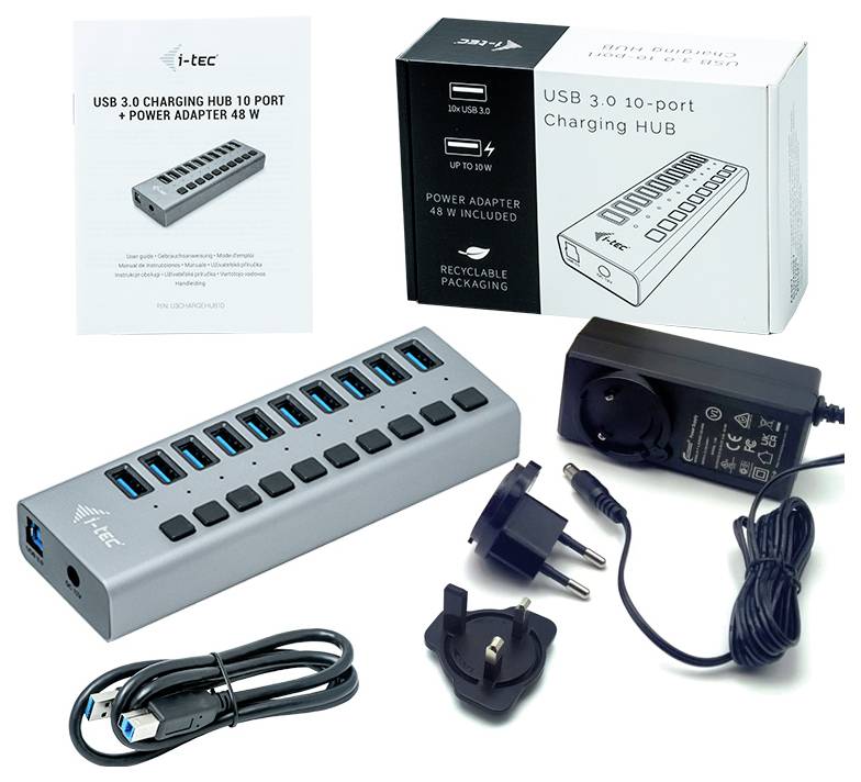 Un hub USB 3.0 avec 10 ports de charge, bloc d'alimentation, câble d'alimentation, deux adaptateurs de prise et un mode d'emploi.