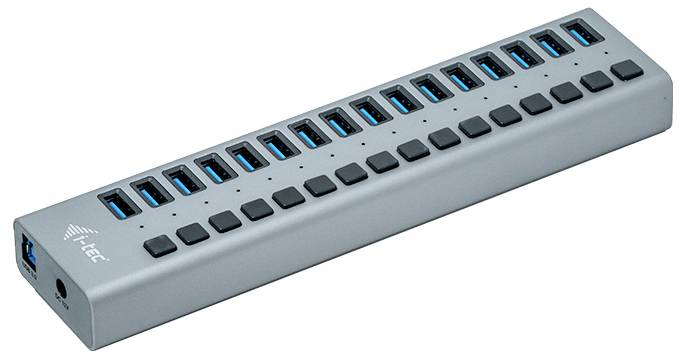 Hub USB avec 16 ports, compact dans un boîtier argenté. Extension pour connecter plusieurs appareils USB à un seul ordinateur.