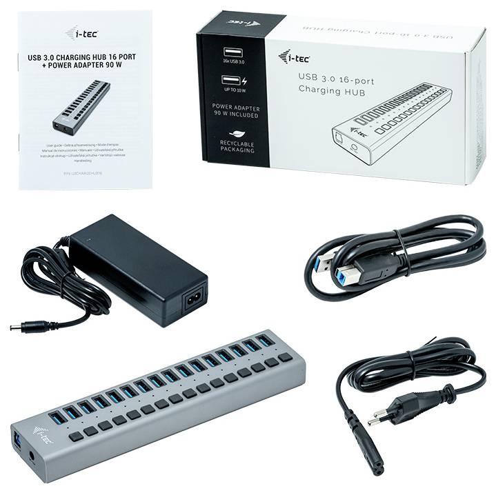 Hub USB 3.0 à 16 ports avec adaptateur secteur, câble USB et boîte. L'appareil offre plusieurs ports de charge pour les appareils électroniques.