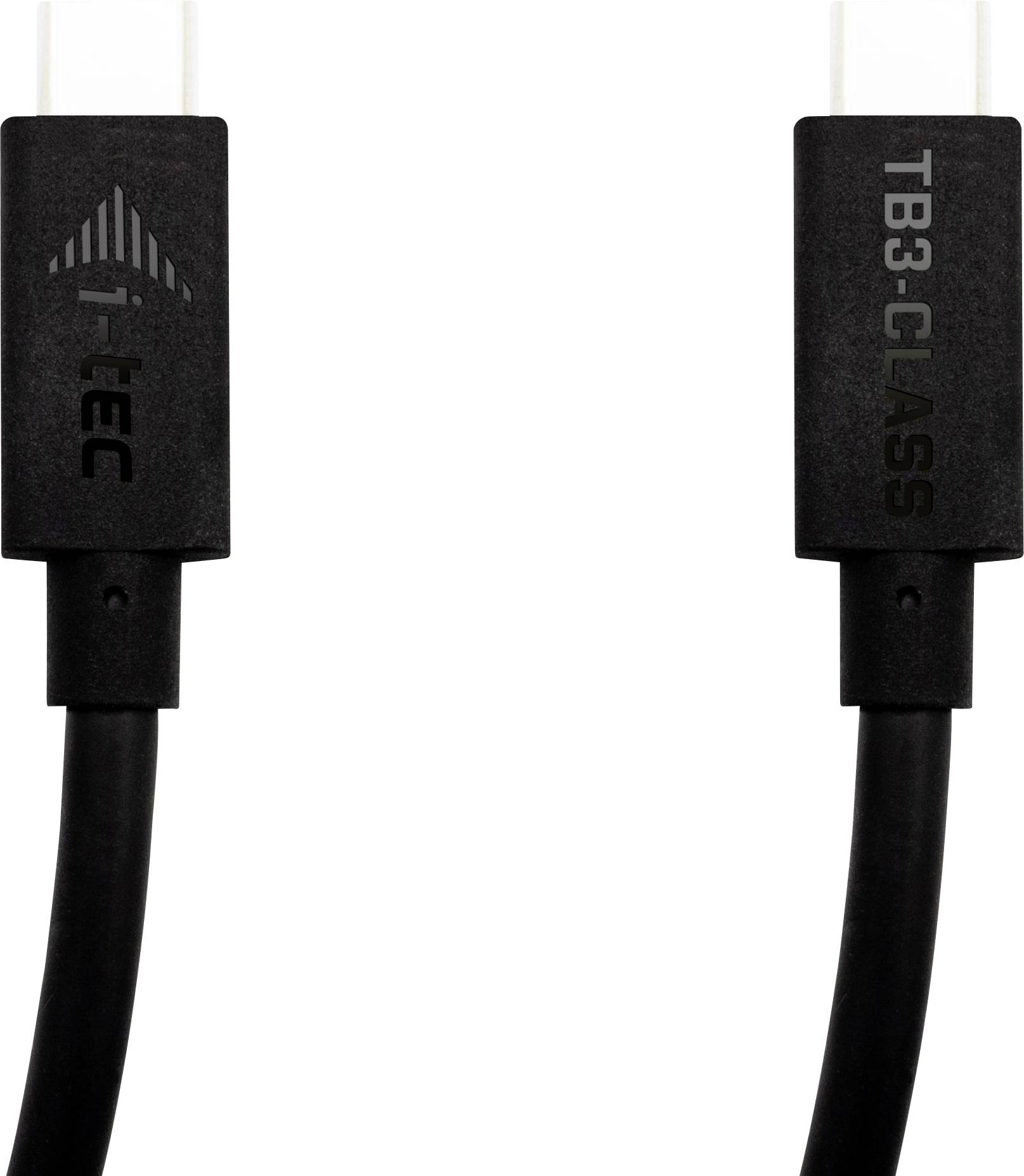 'Câble Thunderbolt 3 noir avec deux connecteurs. Connecteur gauche avec logo T-TEC, connecteur droit portant l'inscription 'TB3-CLASS'.'