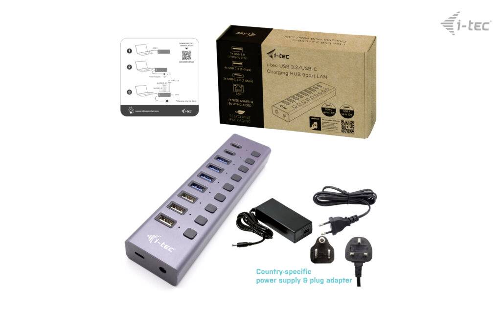 Adaptateur multiports avec plusieurs ports USB (USB 3.0/USB-C) et port LAN. Inclus : bloc d'alimentation, adaptateurs de connexion spécifiques et emballage.