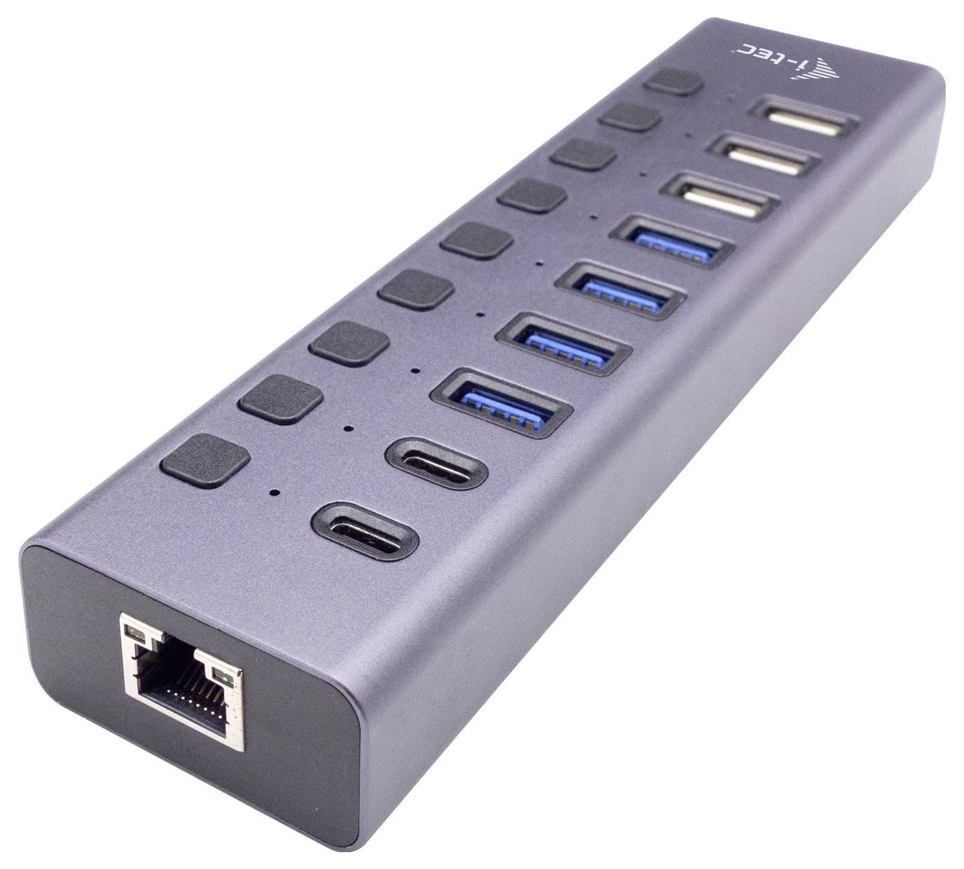 Un hub USB gris foncé avec plusieurs ports, comprenant USB-C, USB-A et une connexion Ethernet. Idéal pour étendre les possibilités de connexion.