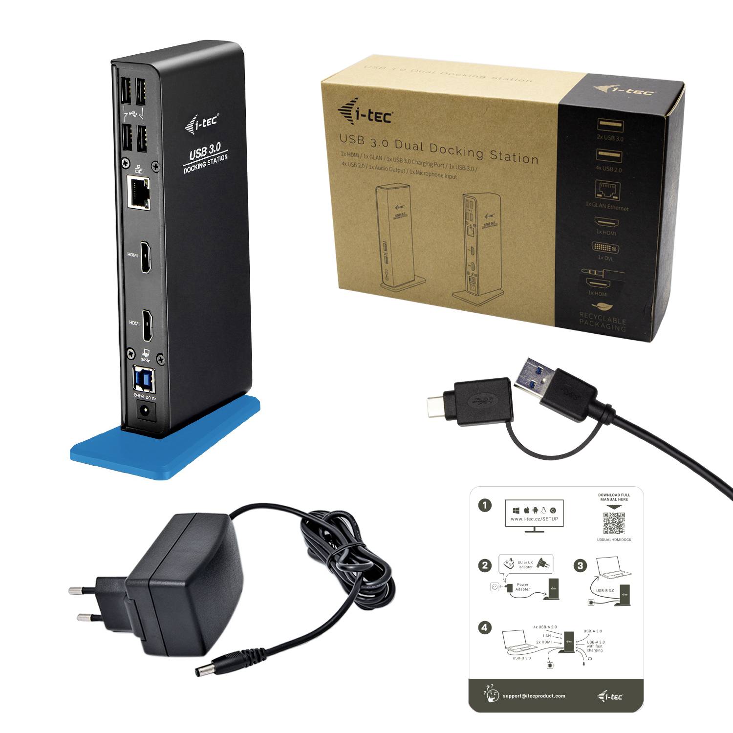 Station d'accueil double USB 3.0 avec plusieurs ports, bloc d'alimentation et câbles, présentée dans son emballage.