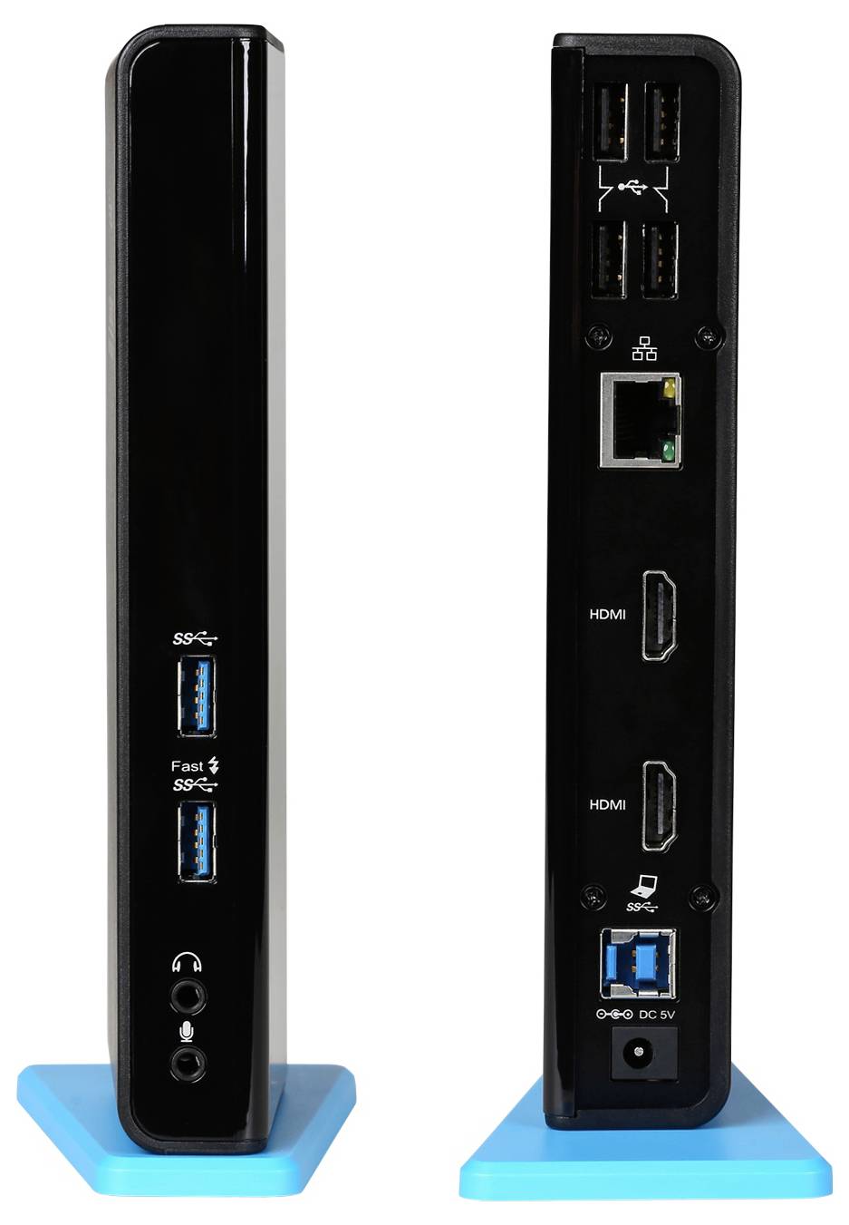 Une station d'accueil noire avec plusieurs ports USB, deux ports HDMI, un port Ethernet et une prise audio, posée sur un support bleu.
