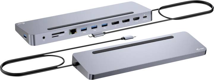 Un dispositif de station d'accueil argenté avec plusieurs ports, comprenant USB, HDMI et Ethernet. Un câble USB connecté est visible.