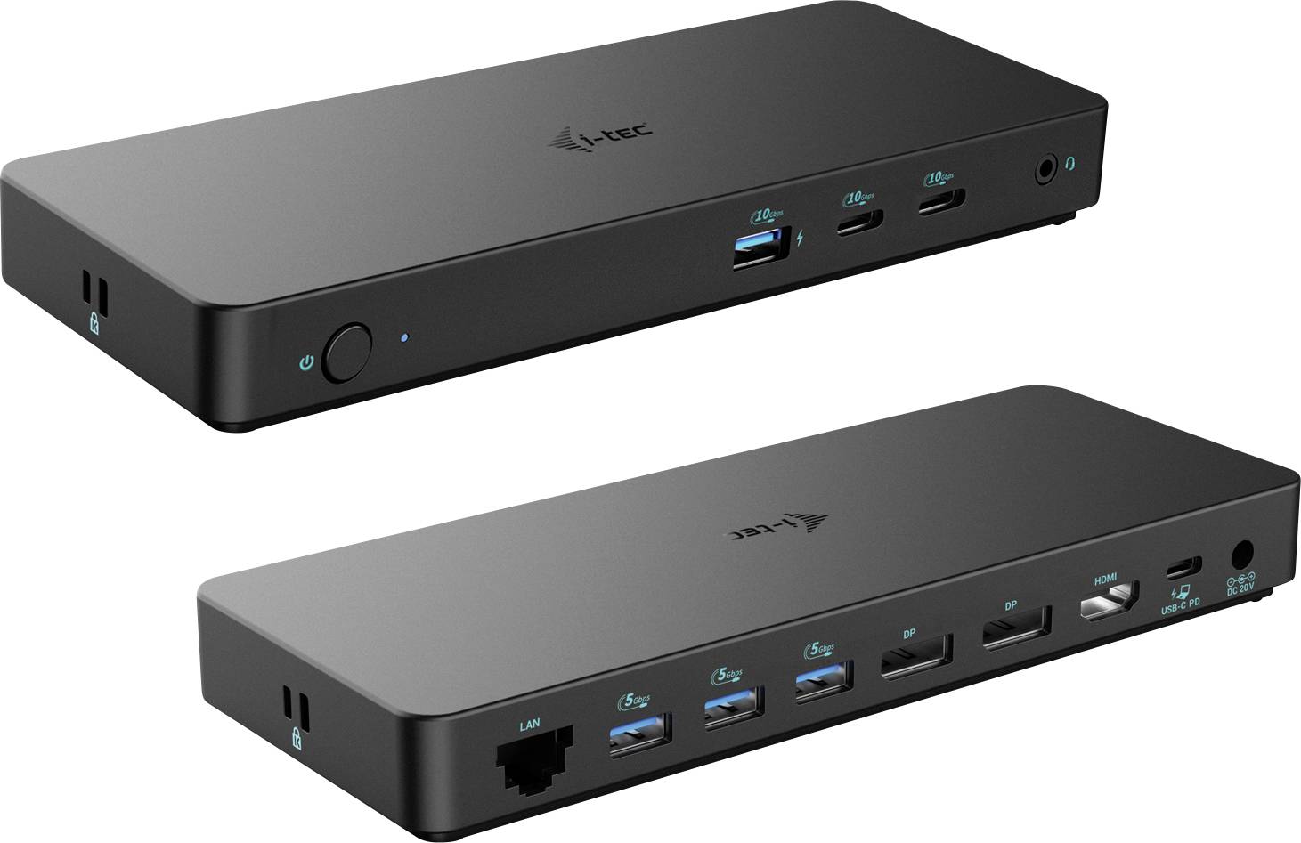 Un dock noir avec différentes options de connexion, comprenant USB, HDMI et câble réseau. Posé sur un fond blanc.