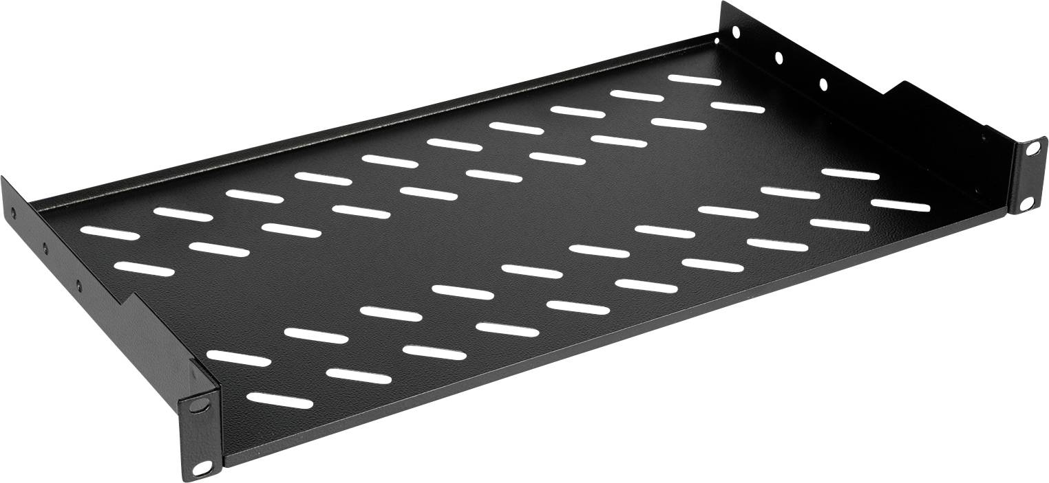 Étagère métallique noire, rectangulaire, aux angles biseautés et avec des fentes perforées, adaptée au montage dans un rack.