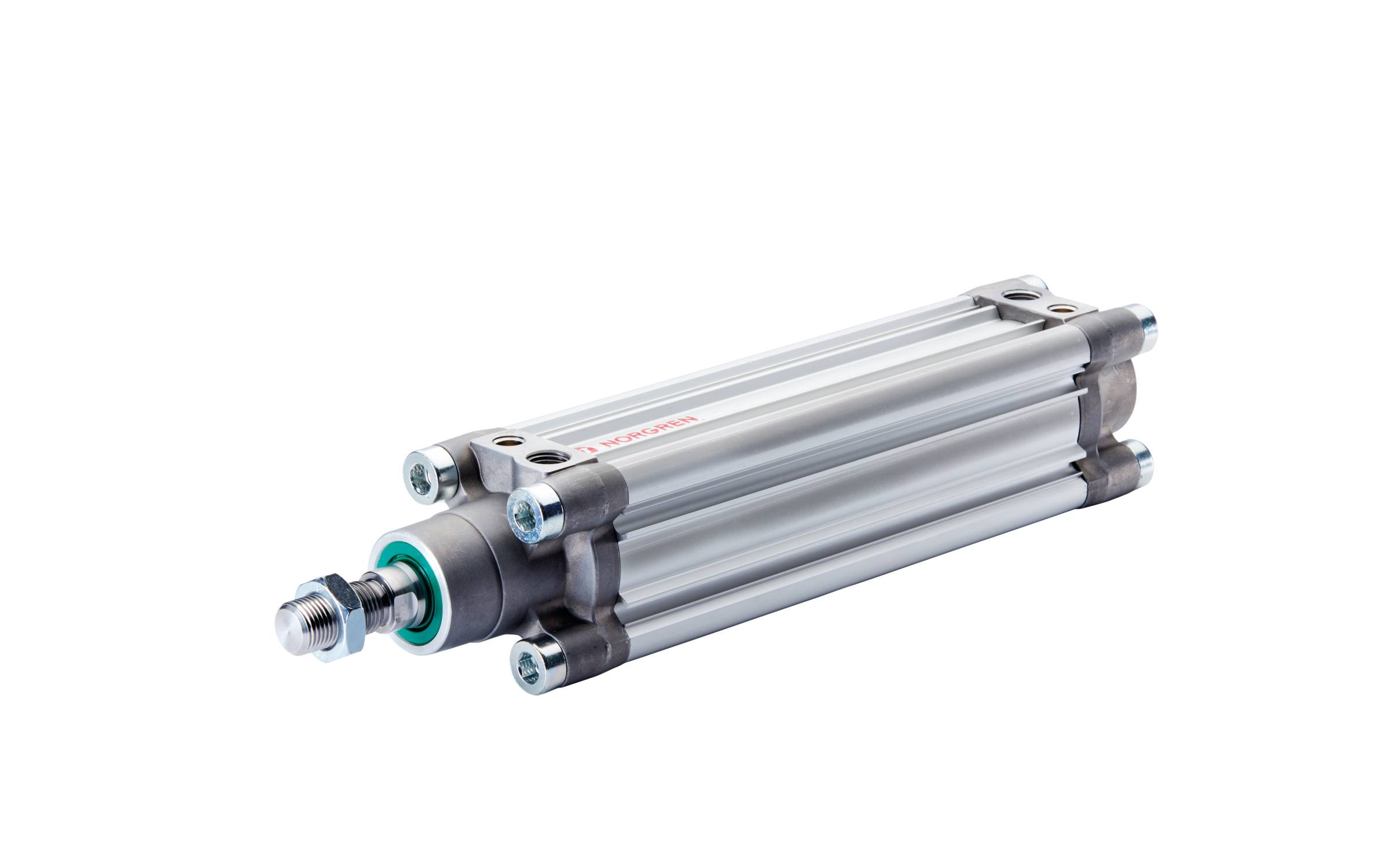 Zylinder aus Metall mit herausragendem Kolben und grünem Dichtungsring, hauptsächlich für industrielle Anwendungen.