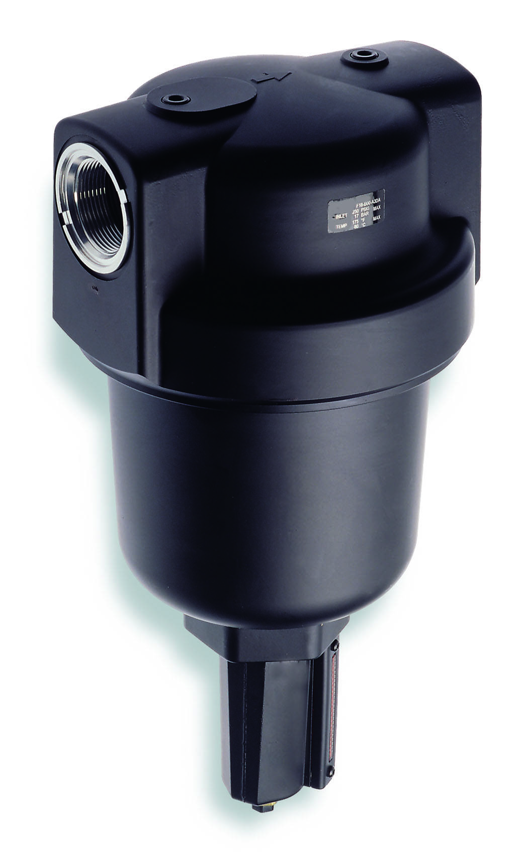 Conteneur industriel noir de forme cylindrique avec plusieurs raccordements, utilisé dans des applications techniques.