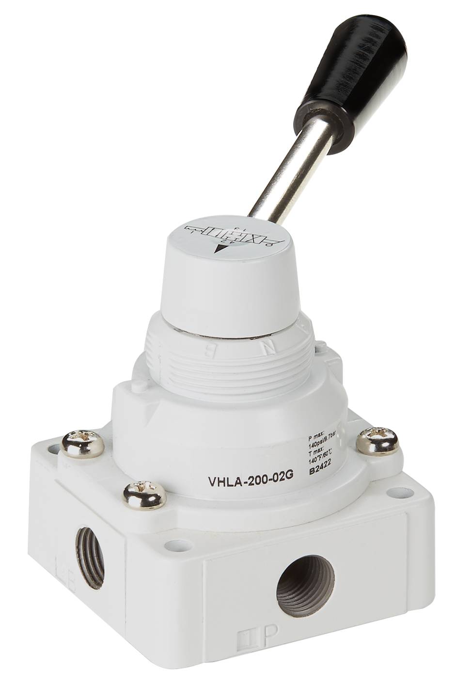 Vanne avec bouton rotatif et étiquette 'VHLA-200-02G'. Couleur blanche, quatre vis de fixation. Connexion de câble en haut.