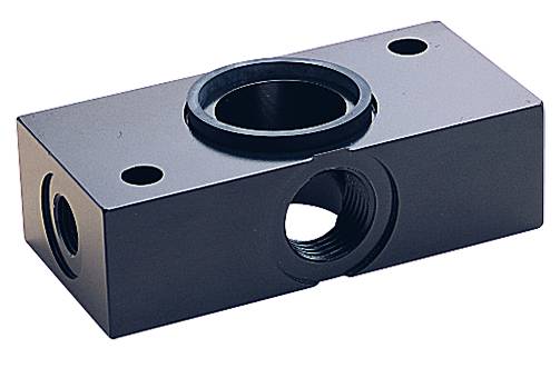 Bloc rectangulaire en métal avec deux trous en haut et un filetage central circulaire. Utilisé pour la fixation mécanique.