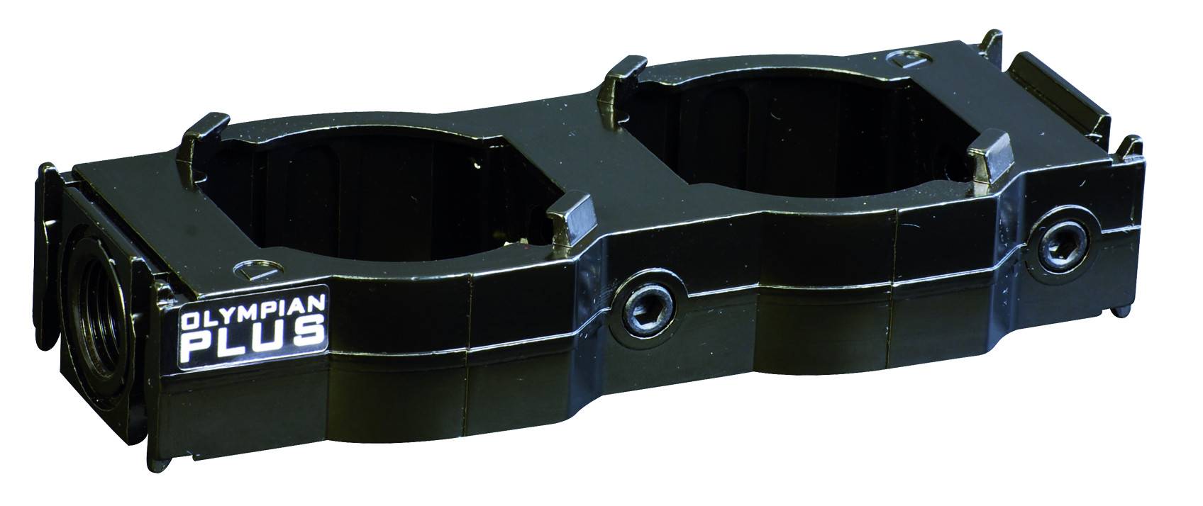 Collier de serrage double en noir, sérigraphié 'Olympian Plus' sur le côté, adapté pour la fixation de deux tubes dans une configuration parallèle.