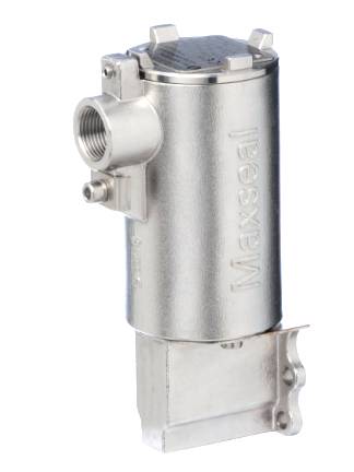 Valve métallique portant l'inscription 'Maxseal', de design cylindrique, montrant des ouvertures et des raccordements sur le côté.