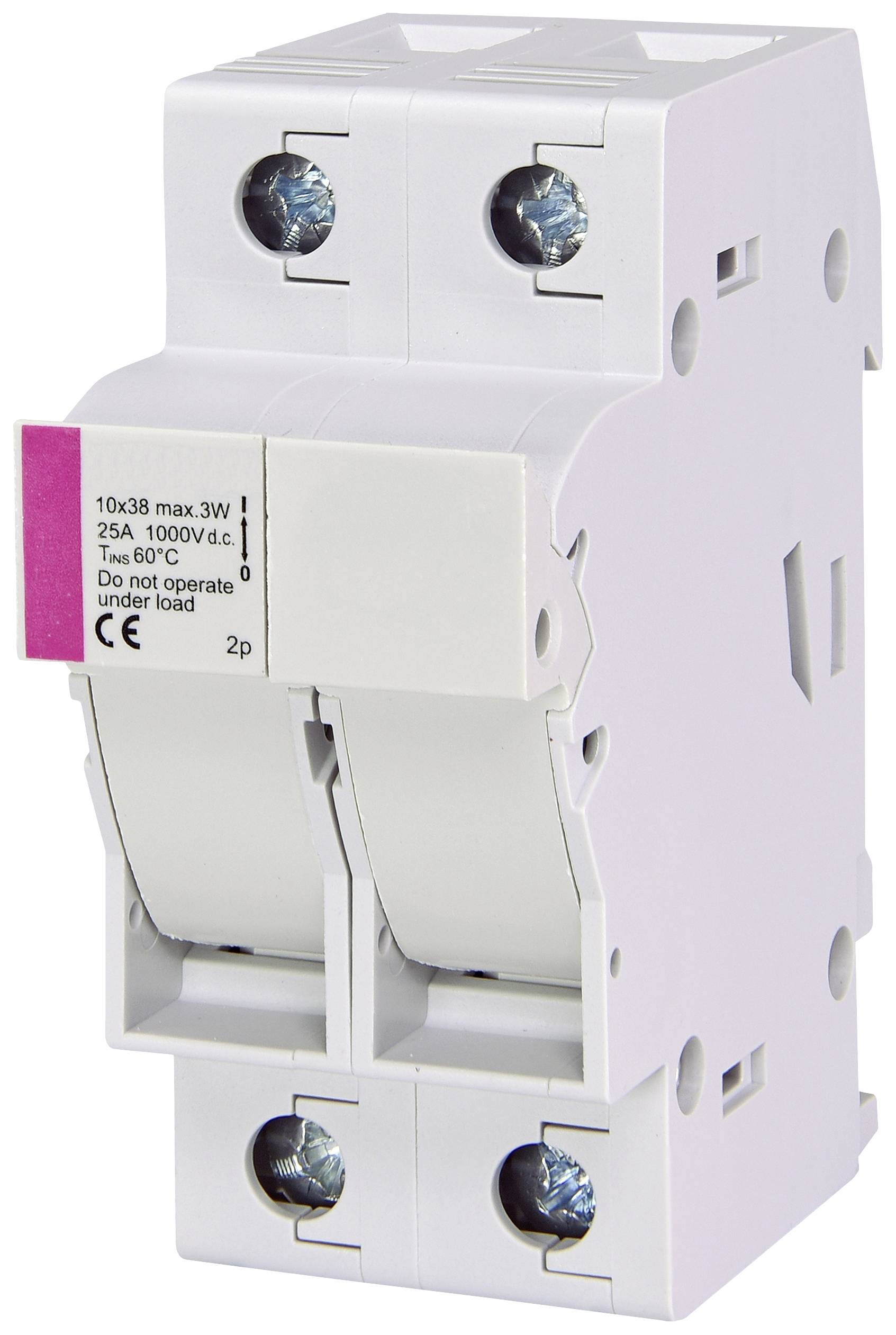 Disjoncteur à deux interrupteurs, étiqueté '25A 1000V c.c.', installé pour des mesures de protection électrique.