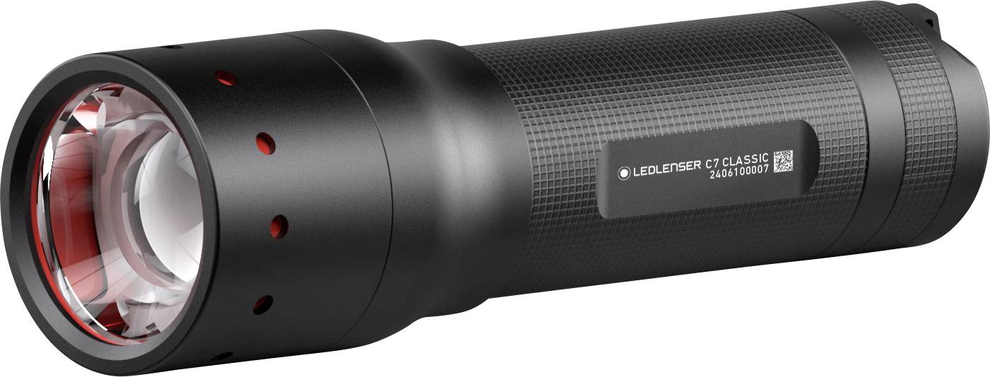 Lampe de poche Ledlenser C7 Classic noire avec poignée texturée et lentille avant argentée, présentée sur un fond blanc.