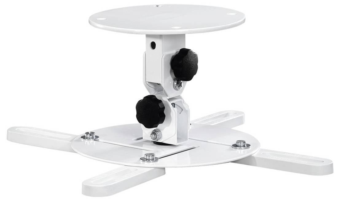 Un support de projecteur blanc pour montage au plafond, doté de bras ajustables et de boutons de réglage permettant d'ajuster l'inclinaison.