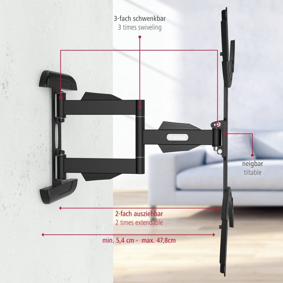 Hama 00220836 Support mural TV 94,0 cm (37") - 190,5 cm (75") inclinable + pivotant