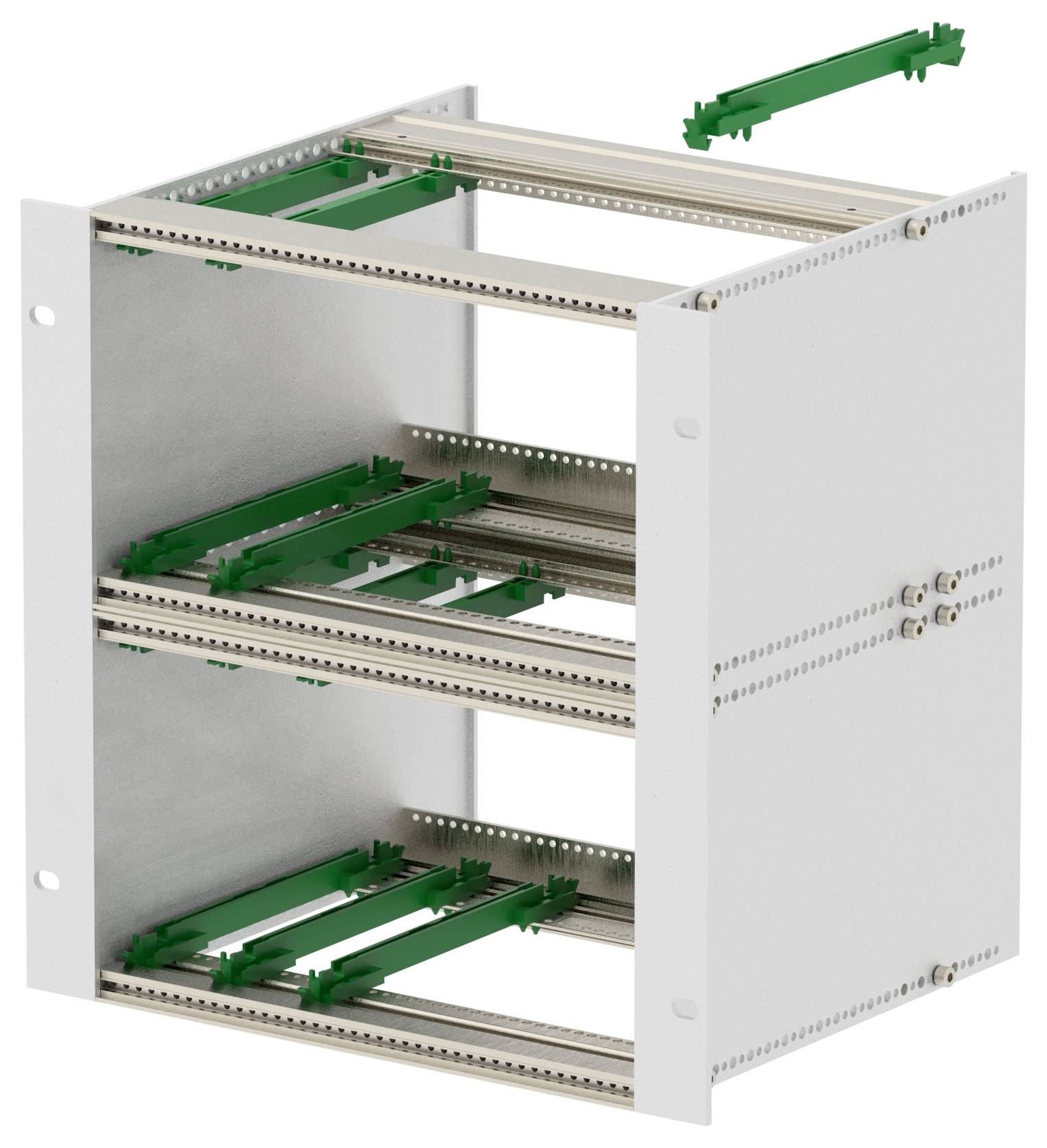 Un rack électronique en métal doté de plusieurs emplacements, avec des rails verts et des composants amovibles pour l'organisation de cartes de circuits imprimés ou d'appareils électroniques.