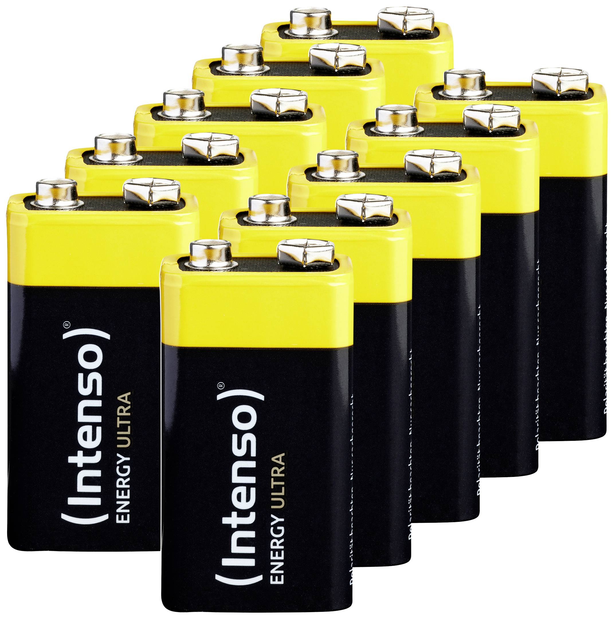 Huit piles 9 volts jaune et noir de la marque 'Intenso Energy Ultra' sont disposées en deux rangées.