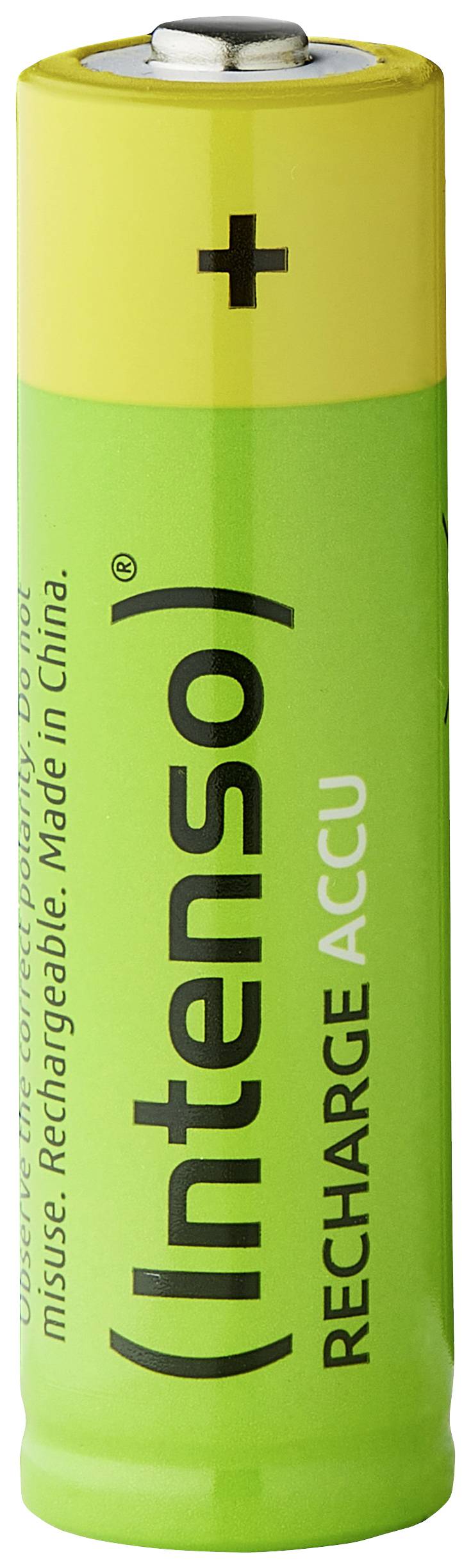 Batterie rechargeable Intenso avec borne positive jaune. Boîtier vert portant l'inscription noire 'Intenso' et 'Recharge Accu'. Fabriqué en Chine.