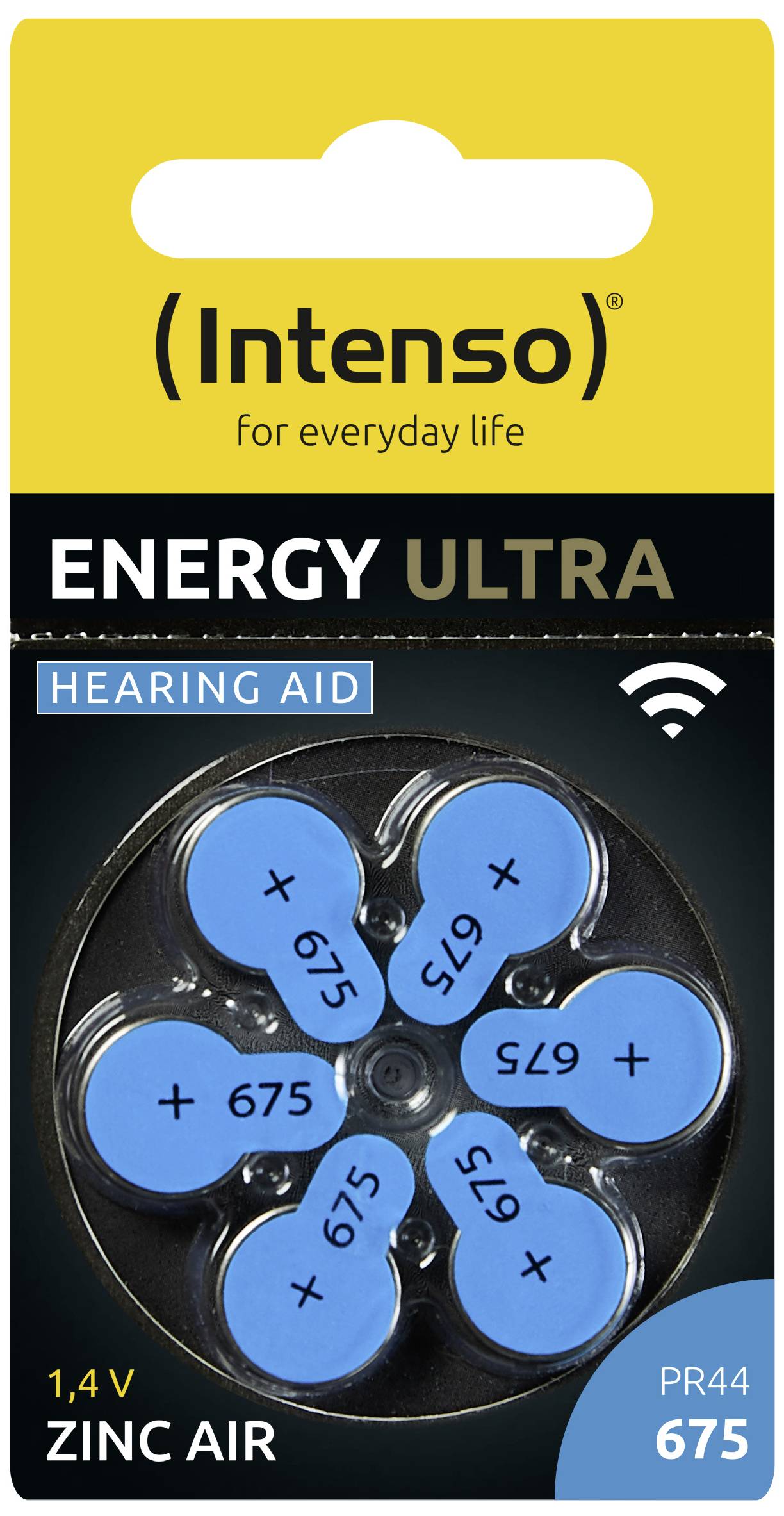 Batteries pour appareils auditifs 'Intenso Energy Ultra', 1,4 V, Zinc-Air, Type PR44 675, six piles bleues dans un emballage circulaire.