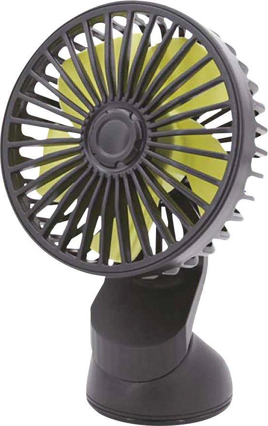 Un petit ventilateur de table noir avec des pales jaunes. Le ventilateur présente un design moderne et est monté sur un socle.