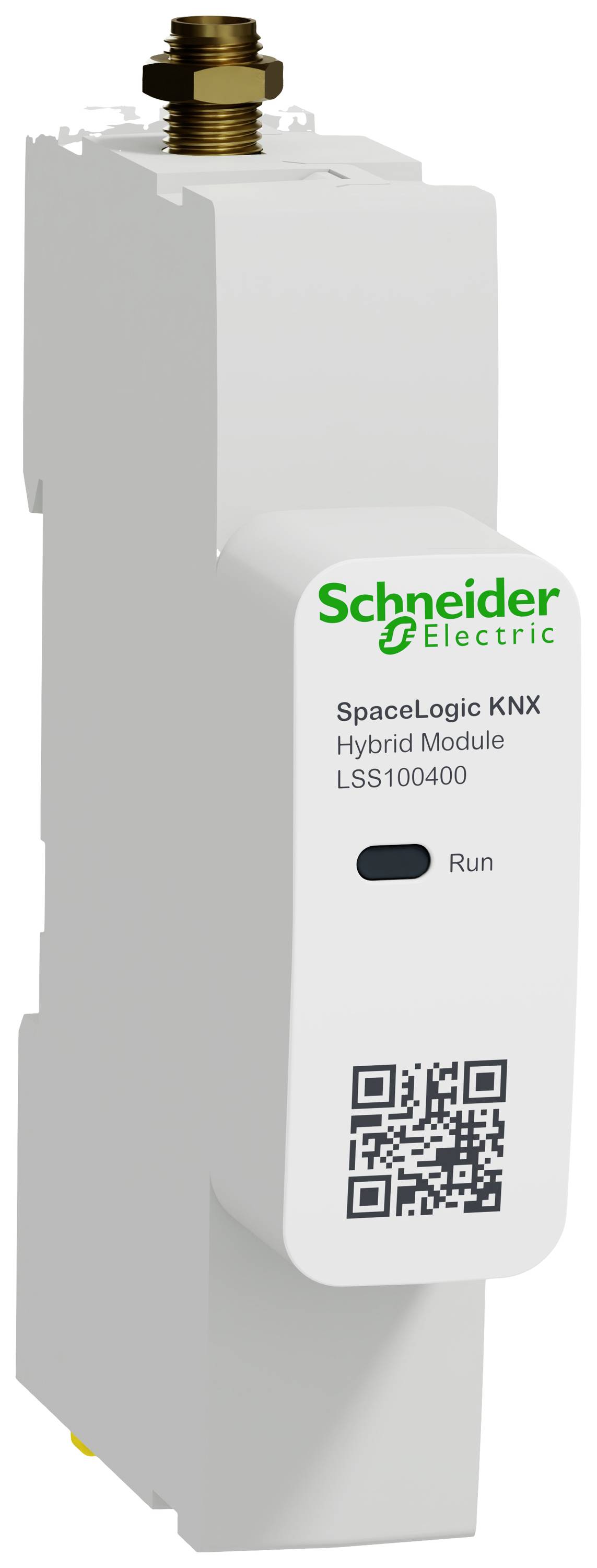 Module électronique blanc avec logo Schneider Electric, code QR et inscription 'SpaceLogic KNX Hybrid Module LSS100400'.