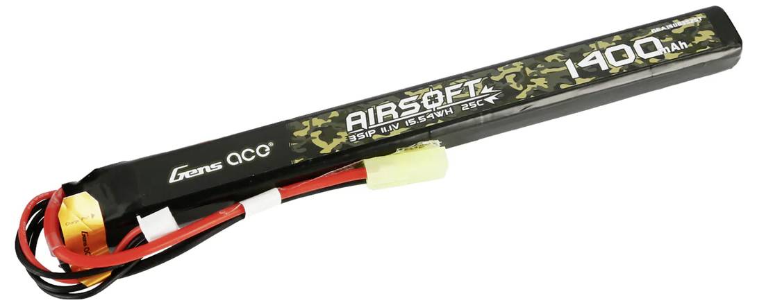 Batterie LiPo pour Airsoft, 1400mAh, 11,1V, marque Gens Ace, forme rectangulaire avec câbles de connexion. Adaptée aux armes Airsoft.