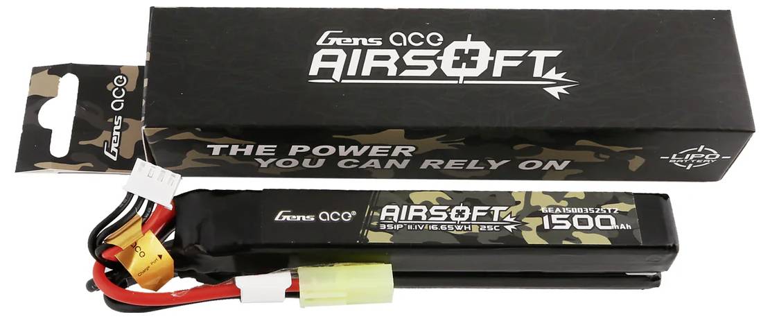 Batterie Gens Ace Airsoft emballée avec l'inscription « THE POWER YOU CAN RELY ON », 11,1V, 1500mAh, pour armes airsoft.