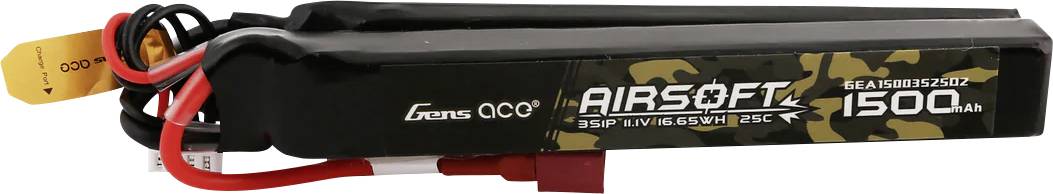 Un accumulateur noir pour Airsoft avec l'inscription '1500 mAh' et câbles de connexion, destiné à être utilisé dans les répliques d'Airsoft.