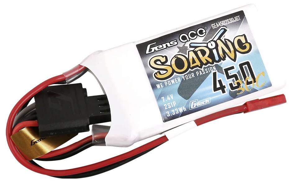 Batterie RC avec câble noir et rouge. Inscription sur la batterie : '450 3C', 'Soaring', 7,4V, 2S1P, 3,33Wh.
