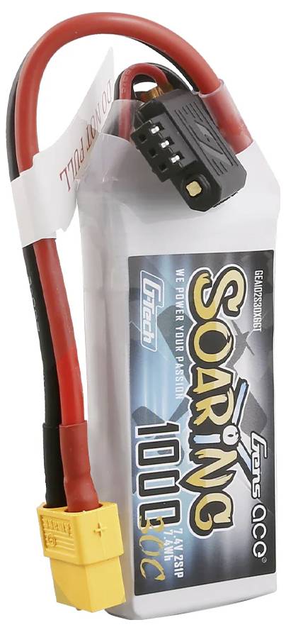 Batterie Lithium-Polymère avec connecteur jaune et borne noire, étiquette 'Soaring 1000 90C', de Gens Ace.