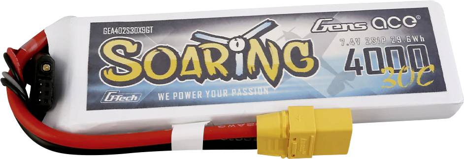 Batterie Lithium-Polymère pour modèles réduits d'avions, 4000mAh, 30C, 7,4V. Emballage blanc avec connecteur jaune et câbles rouges.